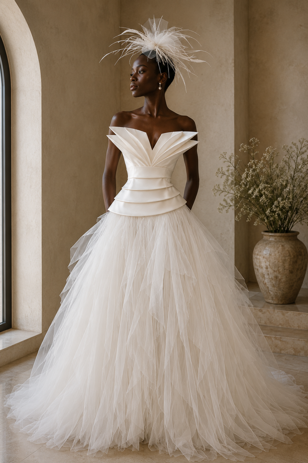 Ivory sculpted pleated bodice bridal ball gown with full tulle skirt and feather headpiece