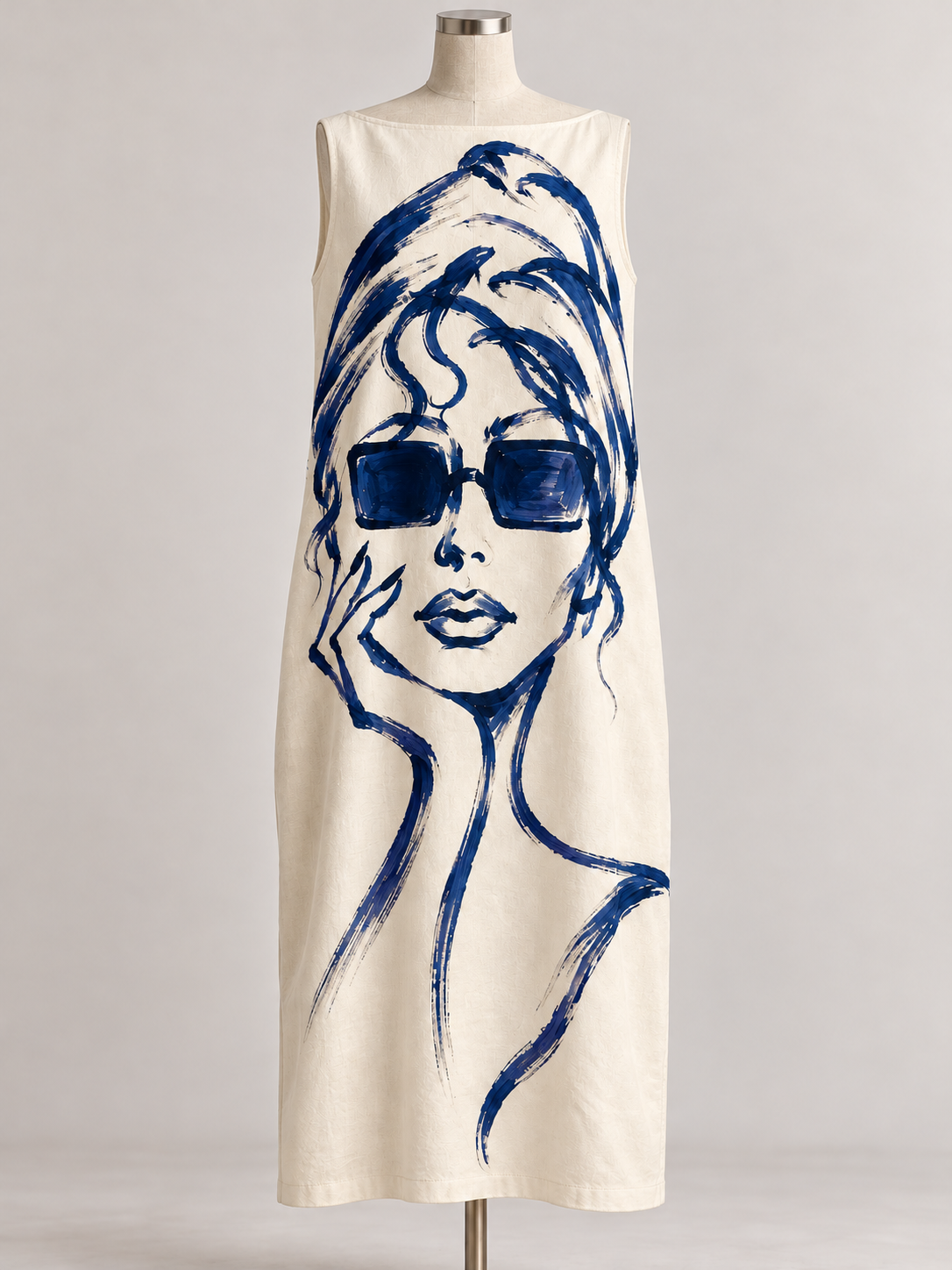 Ivory sleeveless dress featuring a bold navy painted portrait