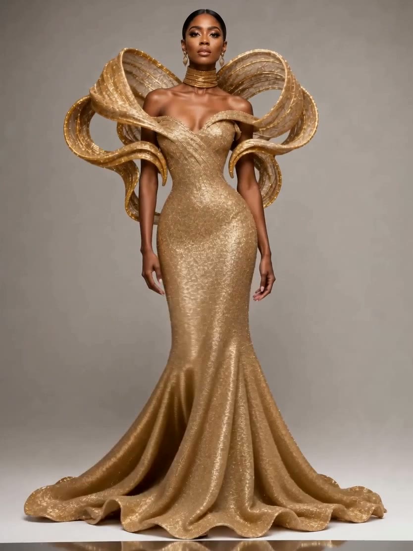A model in a metallic gold mermaid gown with sculptural gilded shoulder arcs, shown in a single unbroken atelier take