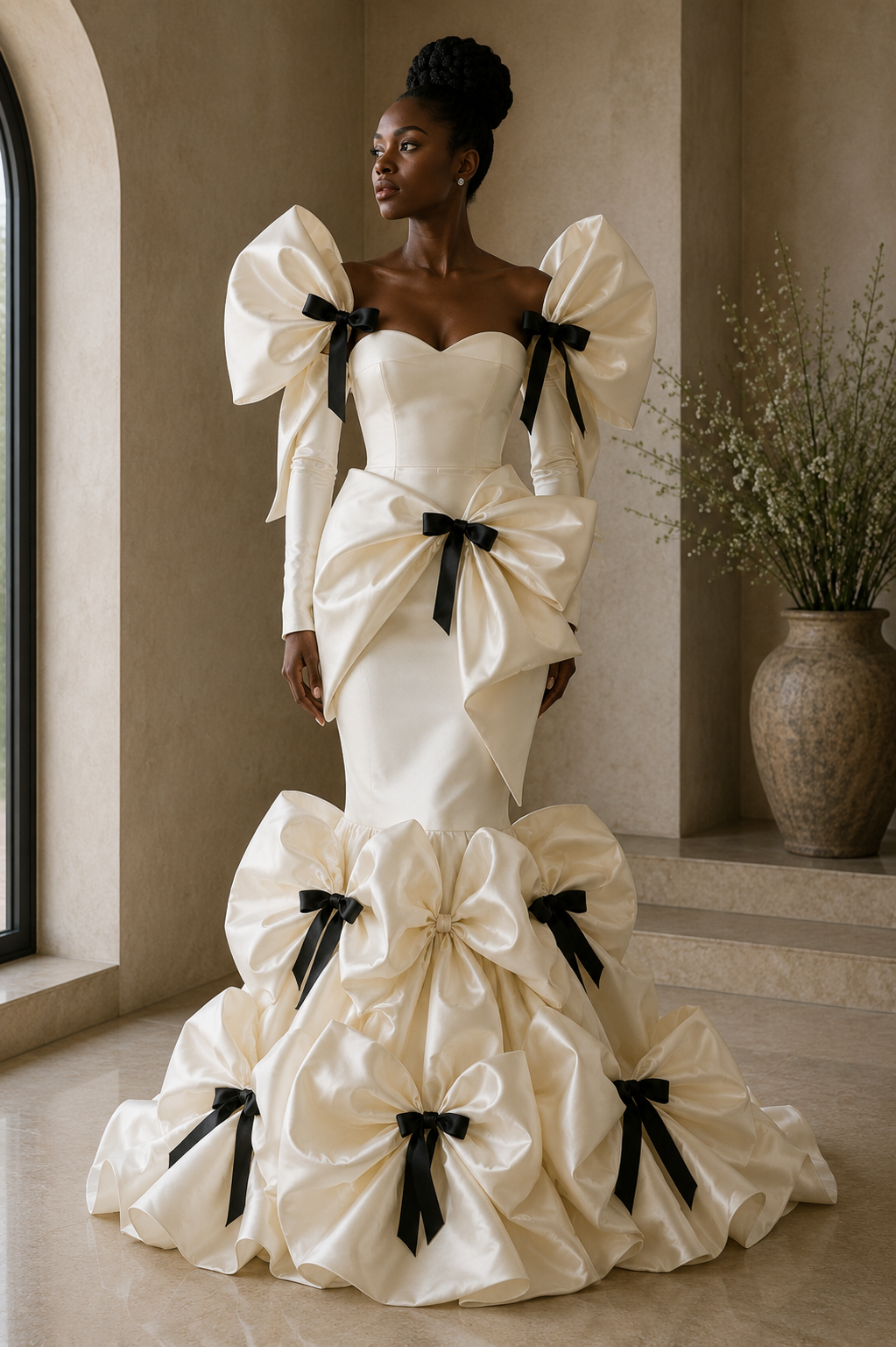 Ivory satin bridal gown with oversized bows and black ribbon accents
