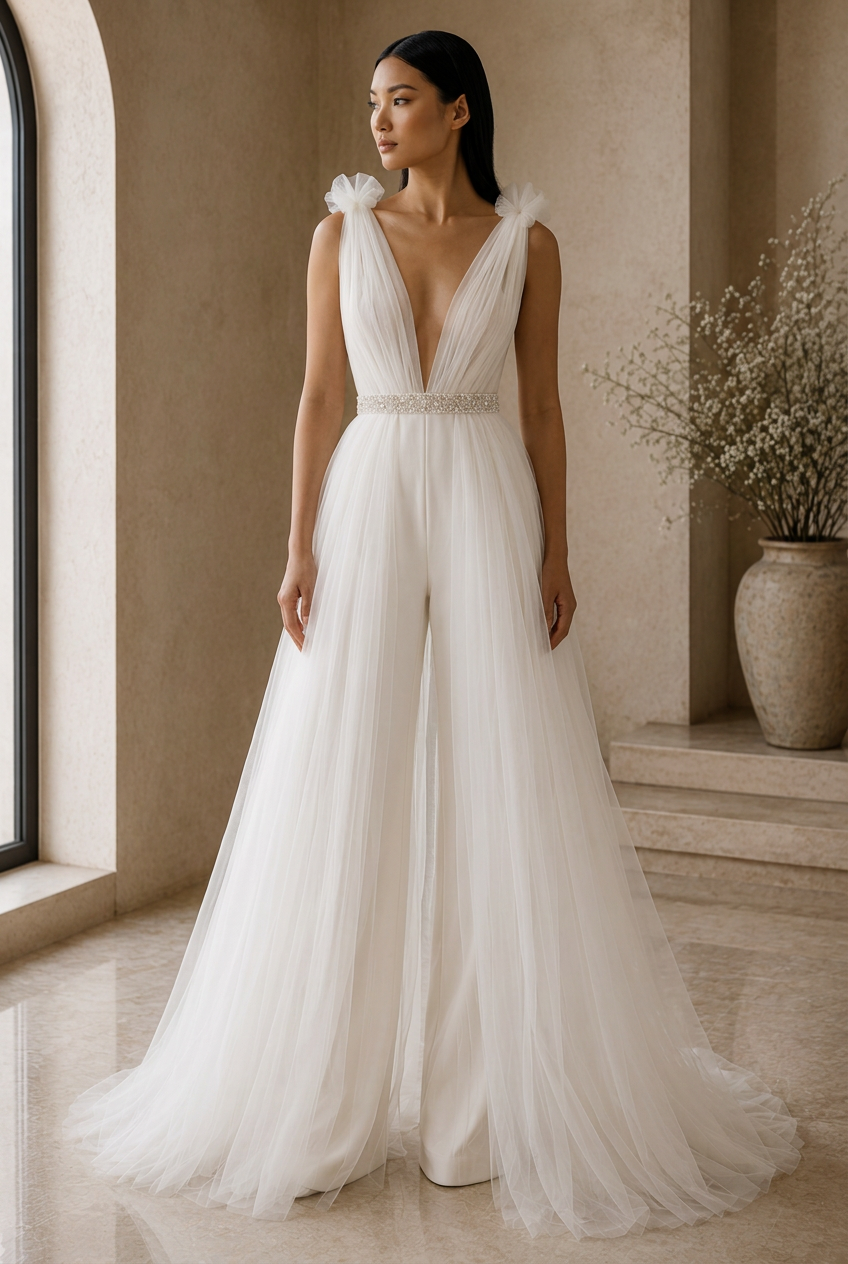 Ivory deep V bridal jumpsuit with sheer tulle overlay