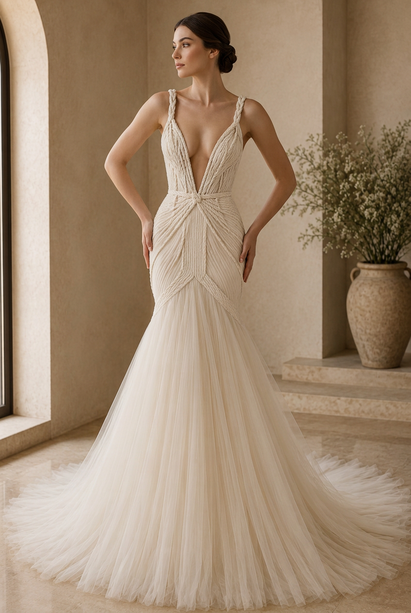 Ivory plunging V-neck bridal gown with draped bodice and a full tulle mermaid train
