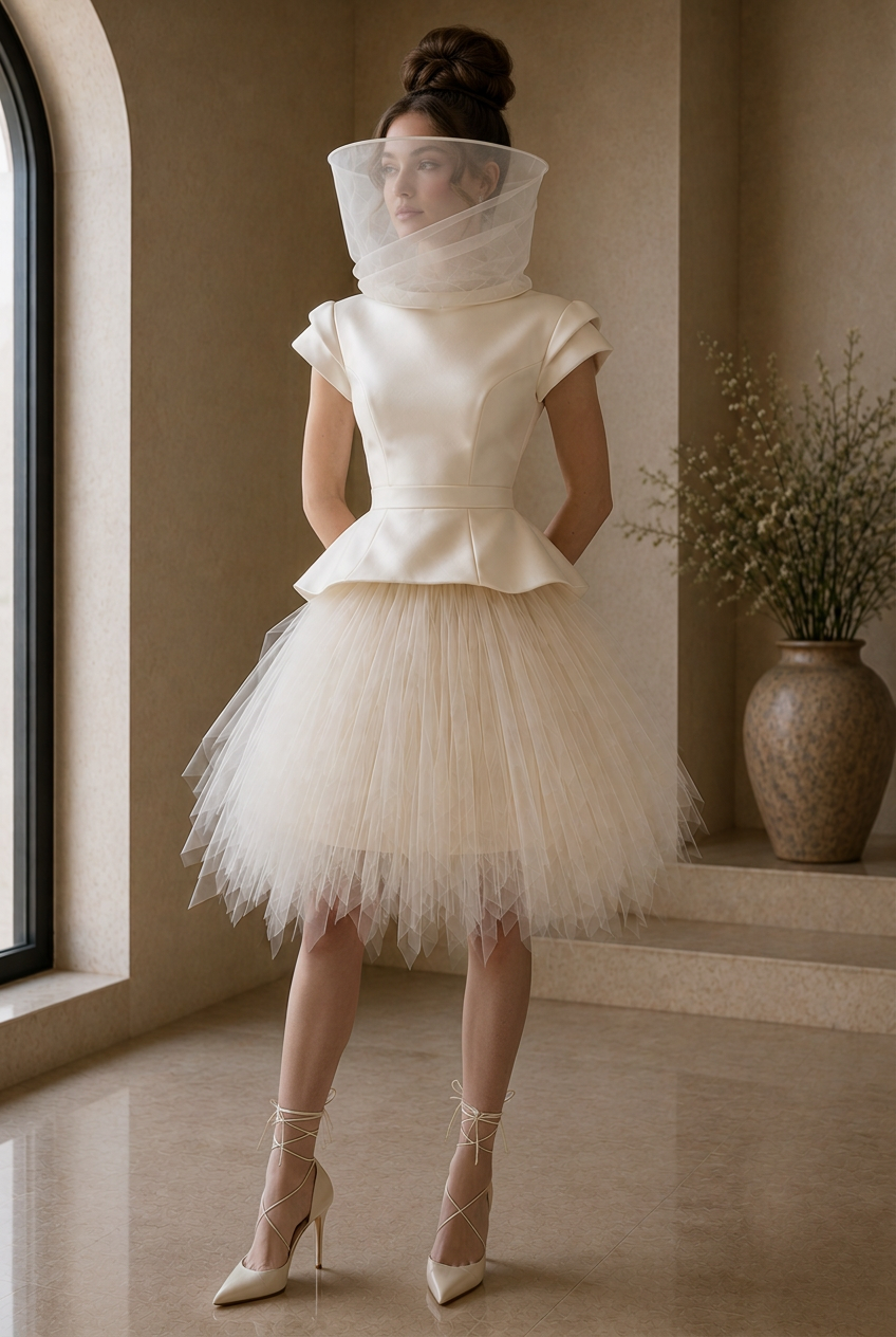 Ivory short bridal dress with structured peplum top, tulle skirt and high sheer collar